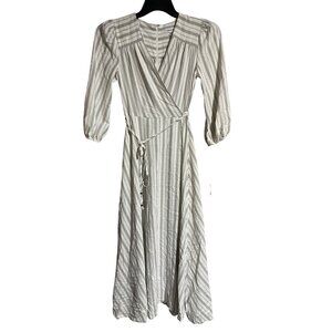 Calvin Klein Womens Striped Midi Faux Wrap Dress Size 2 White Gray Stripes